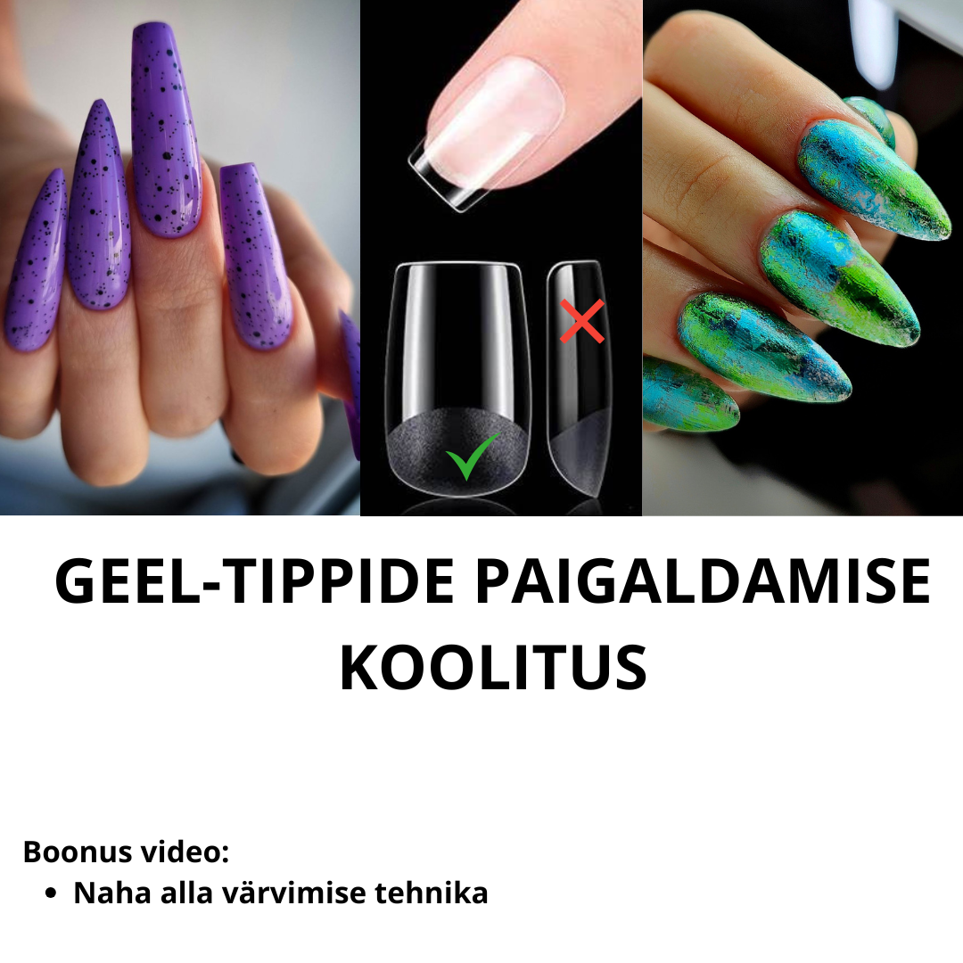 Geelküünte paigaldus ühe tunniga? Jah, kui seda teha uuenduslike geel-tippidega ning kasutades minu stressivaba kinnitamise meetodit, kus sa ei pea muretsema õhumullide tekkimise pärast! Tipid võimaldavad teha kiiresti pikki ja sirgeid ning arhitektuuriliselt õige kujuga küüsi. koolitus sisaldab 3 VIDEOT ja 1 PDF konspekti. Kursuse soetamine annab kursuse materjalidele ligipääsu 6 kuuks. Tõend koolituse läbimise kohta saadetakse lihtkirjana postkastiga 30 päeva jooksul, peale koolituse läbimist.